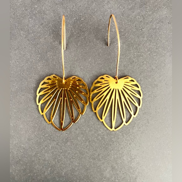 Gold Delicate Leaf Earrings - Long Minimalist Brass Earrings - Picture 9 of 11